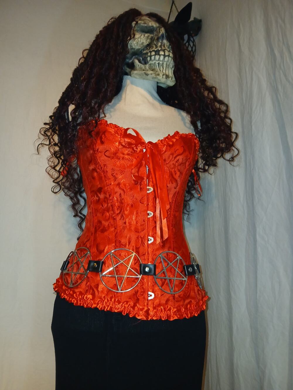 Red Gothic Brocade Lace-Up Corset Top XXL Pentagram Belt